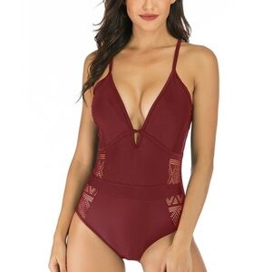 Halter Plunging V Neck Bathing Suit Hollow Out Side Edge Red Wine Swimwear